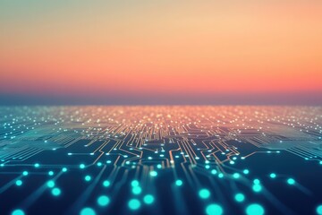 Poster - Glowing circuit board extending to a sunset horizon, symbolizing technological advancement and connectivity.