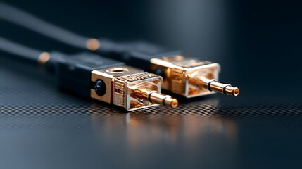 Poster - Closeup of a sleek minimalist audio jack splitter cable with shiny gold connectors on a dark background