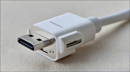 Aufkleber - Detailed close up photograph of a white metallic Thunderbolt 4 cable connector against a soft neutral background