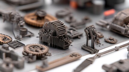 Poster - Detailed close up of various metal parts gears and components produced by an advanced 3D metal printing process on a white background