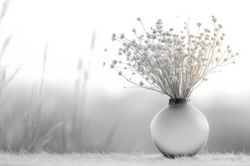 Aufkleber - Dried flowers in a round vase, serene monochrome scene evoking peace and tranquility.