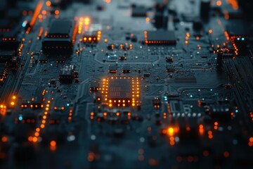 Poster - Close-up of a futuristic circuit board with glowing components, showcasing intricate technological details.