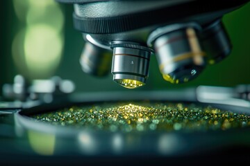 Aufkleber - Microscope lenses focused on a glittering, granular specimen, possibly in a scientific research setting.