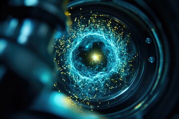 Fototapete - Abstract teal and gold particle ring seen through a camera lens, representing digital data visualization or a technological breakthrough.