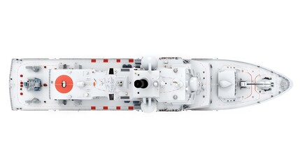 Poster - Detailed top down perspective of a highly advanced multi role naval missile ship isolated against a white background for technical and promotional purposes