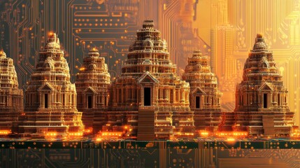 Fototapete - Ancient temples on circuit board with glowing lights futuristic technology digital era architecture on electronic background 