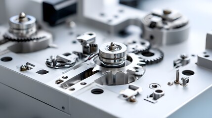 Poster - Detailed view of various metallic gears cogs and other precision engineering components used in industrial manufacturing processes
