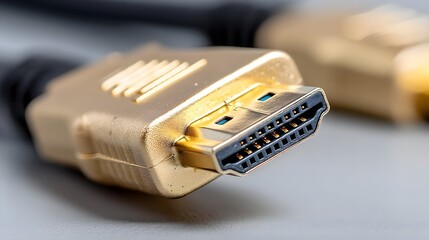 Aufkleber - Dramatic close up view of the gold plated HDMI cable connector against a neutral gray background highlighting the metallic details and reflections
