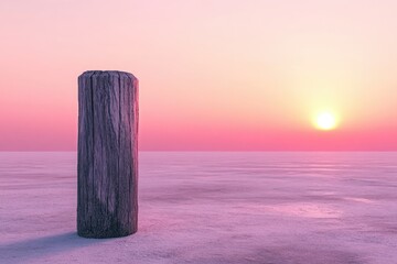 Poster - A weathered wooden post stands solitary on a snow-covered, pink-hued frozen sea at sunset.