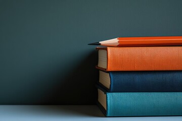 Fototapete - A stack of three colorful books with a pencil on top, representing education and knowledge.