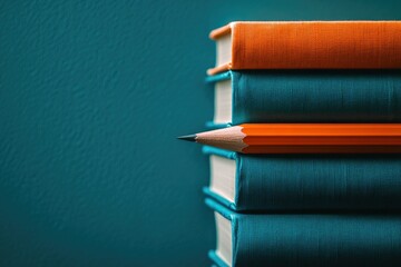 Poster - A vibrant orange pencil rests atop a stack of teal books, symbolizing education and knowledge.