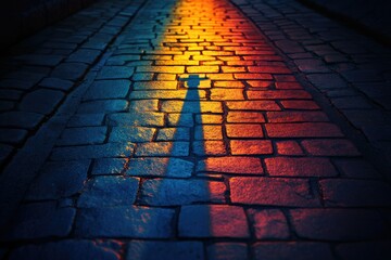 Aufkleber - A lone shadow stretches across a vibrant, colorfully lit cobblestone street at night.