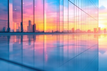 Aufkleber - Sunset reflects on a modern skyscraper's glass facade, creating a vibrant cityscape panorama.