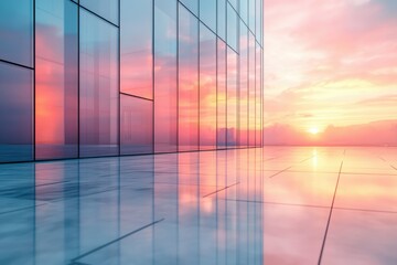 Poster - Glass building reflecting a vibrant sunset, showcasing modern architecture and serene cityscape.