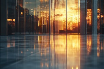 Poster - Sunset reflected in modern glass building's polished floor, creating a warm, golden ambiance.