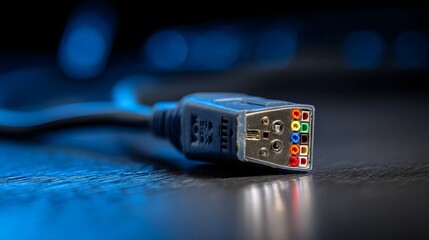 Poster - photograph of a VGA cable connector showcasing the visible pin in a tech style studio lighting environment
