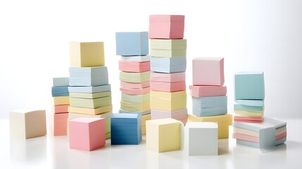 Poster - Stacked arrangement of various colored pastel sticky notes on a plain white background creating a simple minimalist and visually appealing composition