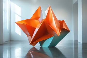 Aufkleber - Abstract orange and teal sculpture with sharp angles and geometric shapes, reflecting light in a minimalist gallery.