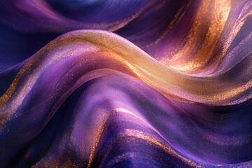 Poster - Close-up of luxurious purple and gold fabric with shimmering texture, creating elegant waves and folds.