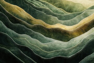 Poster - Abstract layered landscape with undulating green and gold hues, resembling textured mountains or waves.