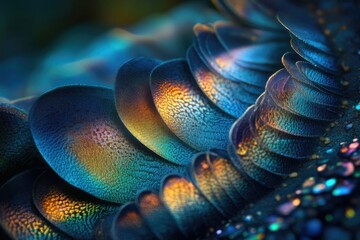 Fototapete - Intricate, iridescent scales shimmer with teal, gold, and blue hues, creating a mesmerizing abstract pattern.