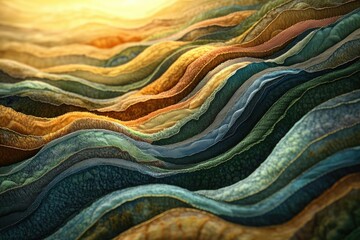 Poster - Abstract landscape of layered, textured waves in earthy tones, resembling a stylized mountain range under warm sunlight.