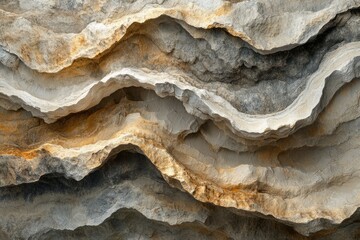 Aufkleber - Layered rock formation with undulating, wave-like patterns in grey, beige, and orange hues.