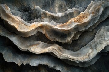 Leinwandbilder - Layered rock formation with undulating, wave-like patterns in shades of grey, beige, and brown.