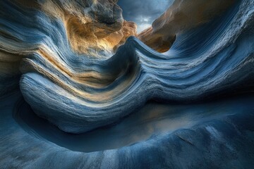 Aufkleber - Stunning blue and gold sandstone formations create a mesmerizing wave-like pattern in a narrow canyon.