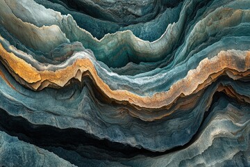 Poster - Layered rock formation with undulating, teal, grey, and ochre hues creating a visually stunning abstract landscape.