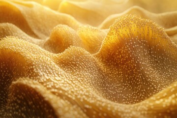 Fototapete - Golden fabric texture with wave-like patterns and tiny dots under sunlight.