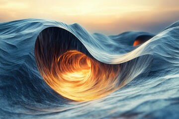 Aufkleber - A mesmerizing digital art depicting glowing, swirling ocean waves forming a tunnel at sunset.