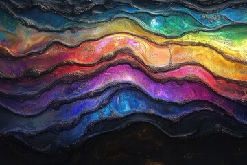 Aufkleber - Abstract painting with vibrant, wavy layers of multicolored paint, resembling a colorful geological formation.