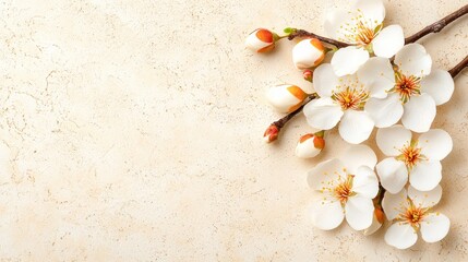Aufkleber - Delicate white apricot blossoms with yellow stamens adorn beige surface.