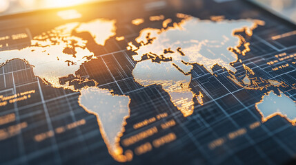 Poster - Forecasting global trends with a glowing map visualization in a modern office environment