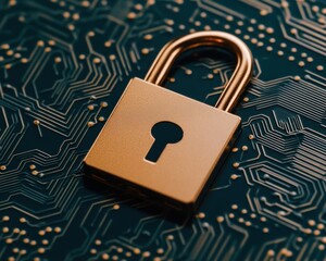 Poster - Golden padlock secures electronic circuit board highlighting data privacy.