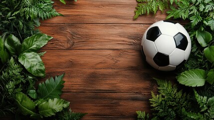 Aufkleber - Soccer ball sits on wood surrounded by lush green leaves and ferns.