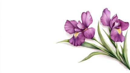 Poster - Two vibrant purple iris flowers with green leaves are isolated beautifully.