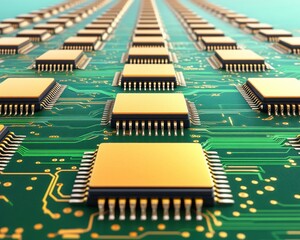 Fototapete - Computer chips are shown on a circuit board in an abstract high tech pattern.