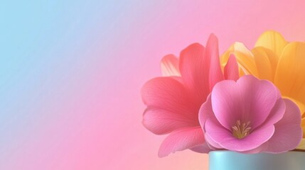 Fototapete - Beautiful pink and yellow tulips are arranged softly against pastel backdrop