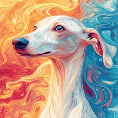 Fototapete - Abstract dog portrait features vibrant swirls of orange and blue texture.