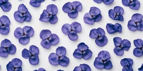 Poster - Numerous vibrant purple violet flowers are scattered on a white surface.