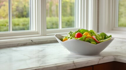 Wall Mural - A fresh salad bowl with colorful vegetables, positioned on a marble kitchen countertop