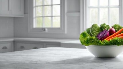 Wall Mural - A fresh salad bowl with colorful vegetables, positioned on a marble kitchen countertop