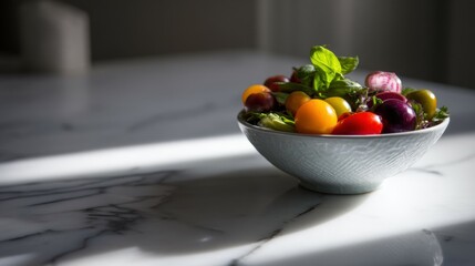Wall Mural - A fresh salad bowl with colorful vegetables, positioned on a marble kitchen countertop