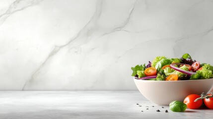 Wall Mural - A fresh salad bowl with colorful vegetables, positioned on a marble kitchen countertop