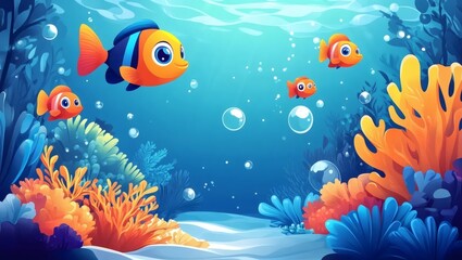 Naklejka na meble Cartoon Fish Swimming in the Ocean with Coral