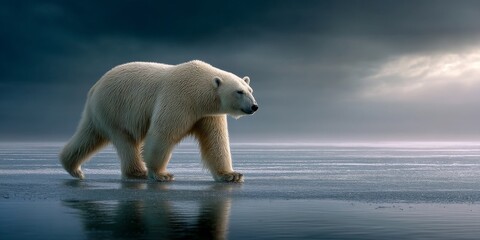 polar bear walking on thin ice in the arctic north pole