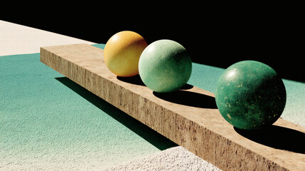 Poster - Colorful Spheres on Minimalist Wooden Base with Textured Surface