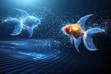 Poster - Two glowing fish swim through a digital landscape, intertwined with sparkling effects and dynamic lines, creating a futuristic aquatic scene.